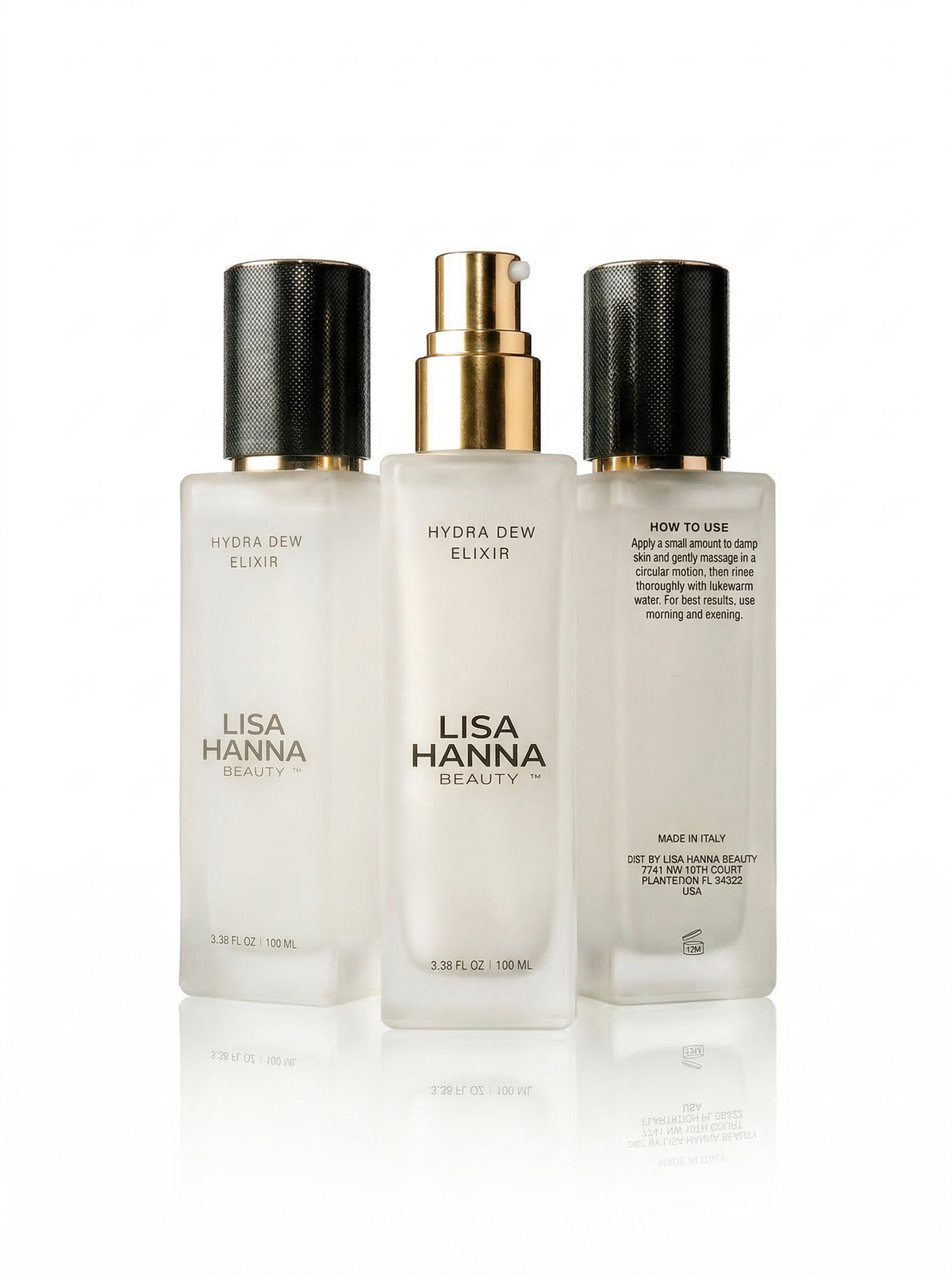 Hydra Dew Elixir Lisa Hanna Beauty hydrating facial cleanser frosted glass bottle.