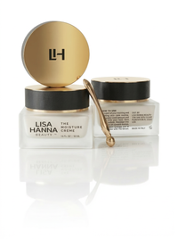Lisa Hanna Beauty The Moisture Crème luxury hydrating face cream in glass jar with gold lid.