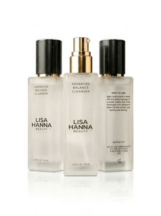 Lisa Hanna Beauty Advanced Balance Cleanser hydrating facial cleanser 100 ml frosted glass bottles with gold pump.