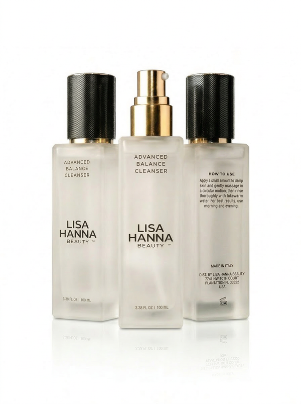 Lisa Hanna Beauty Advanced Balance Cleanser hydrating facial cleanser 100 ml frosted glass bottles with gold pump.