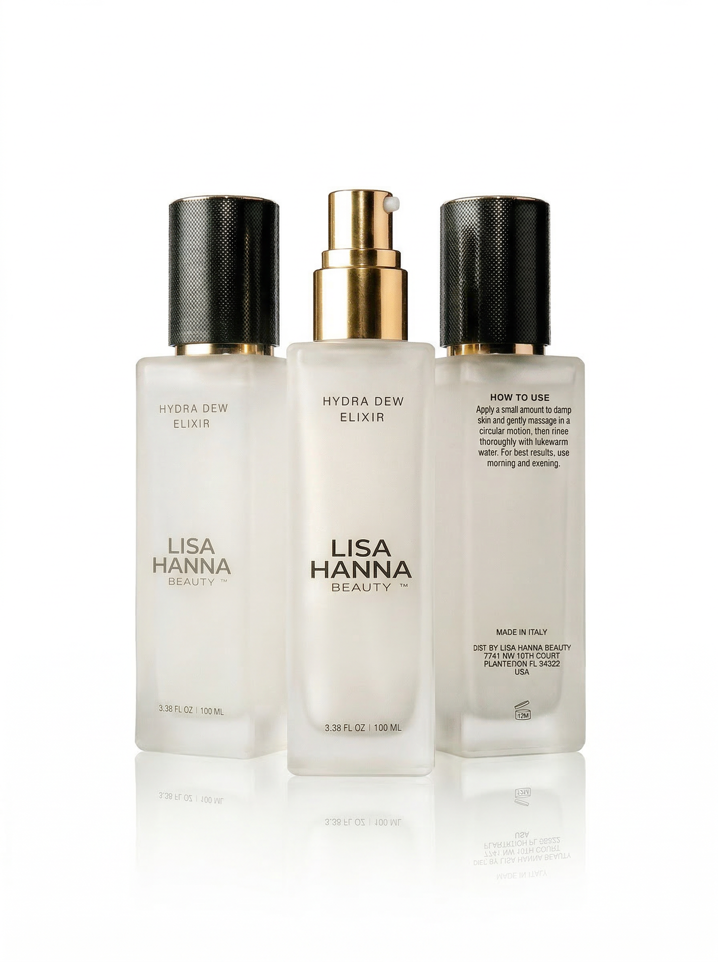 Hydra Dew Elixir Lisa Hanna Beauty hydrating facial cleanser frosted glass bottle.