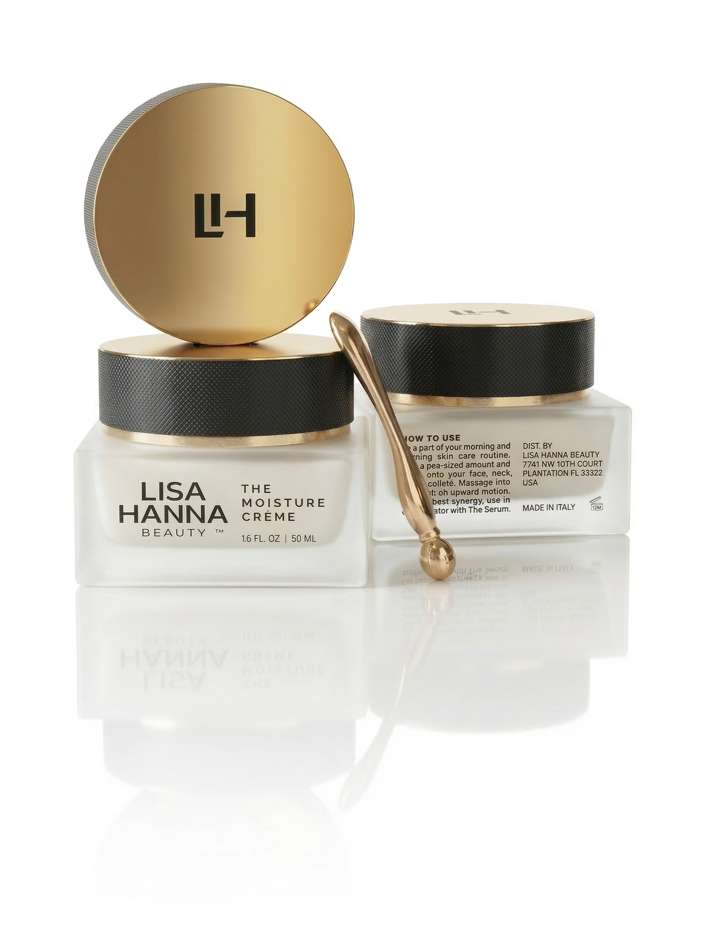 Lisa Hanna Beauty The Moisture Crème luxury hydrating face cream in glass jar with gold lid.
