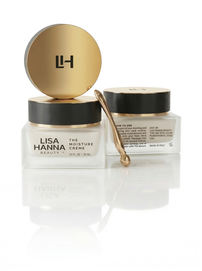 Lisa Hanna Beauty The Moisture Crème luxury hydrating face cream in glass jar with gold lid.